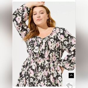 Torrid Floral Midi Dress Peasant Puff Sleeves Waist Tie Boho Cottagecore 00 L